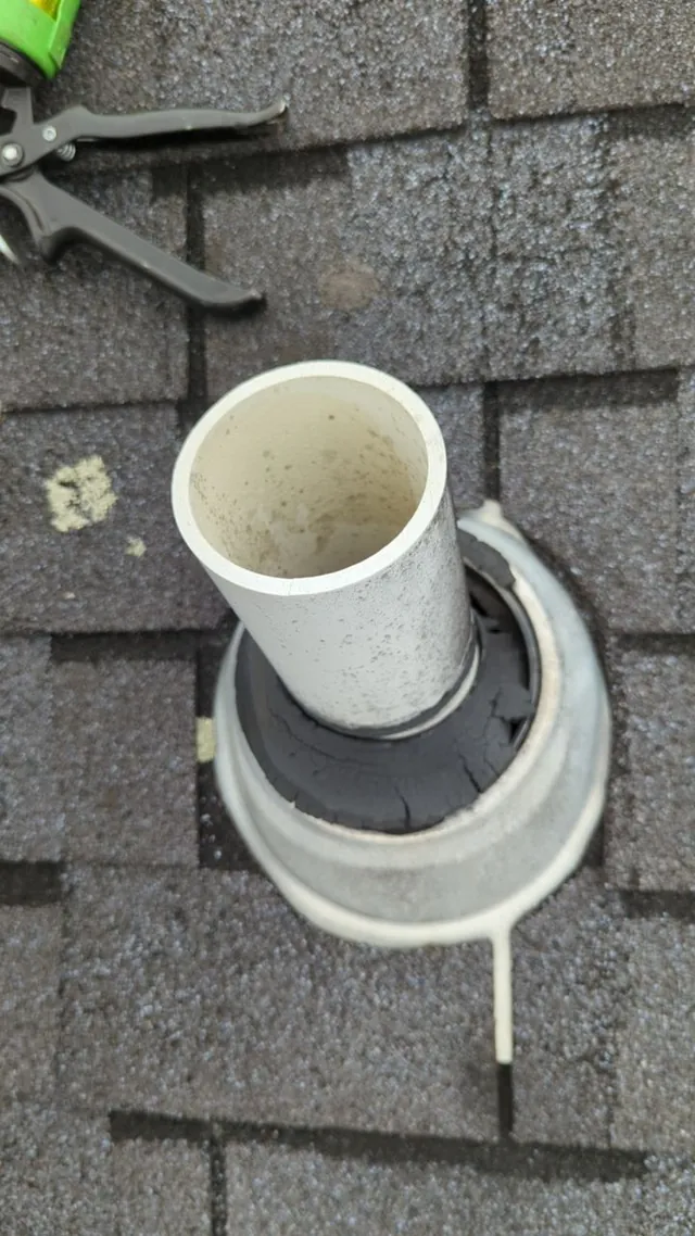 Deteriorating pipe boot flashing identified during roof inspection