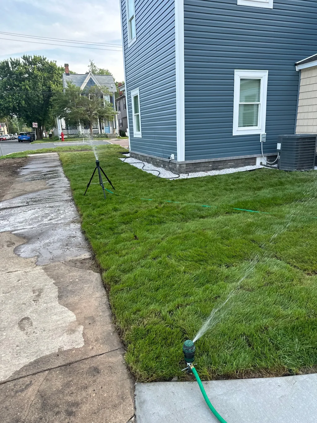 Side yard view showing new siding installation with fresh landscaping